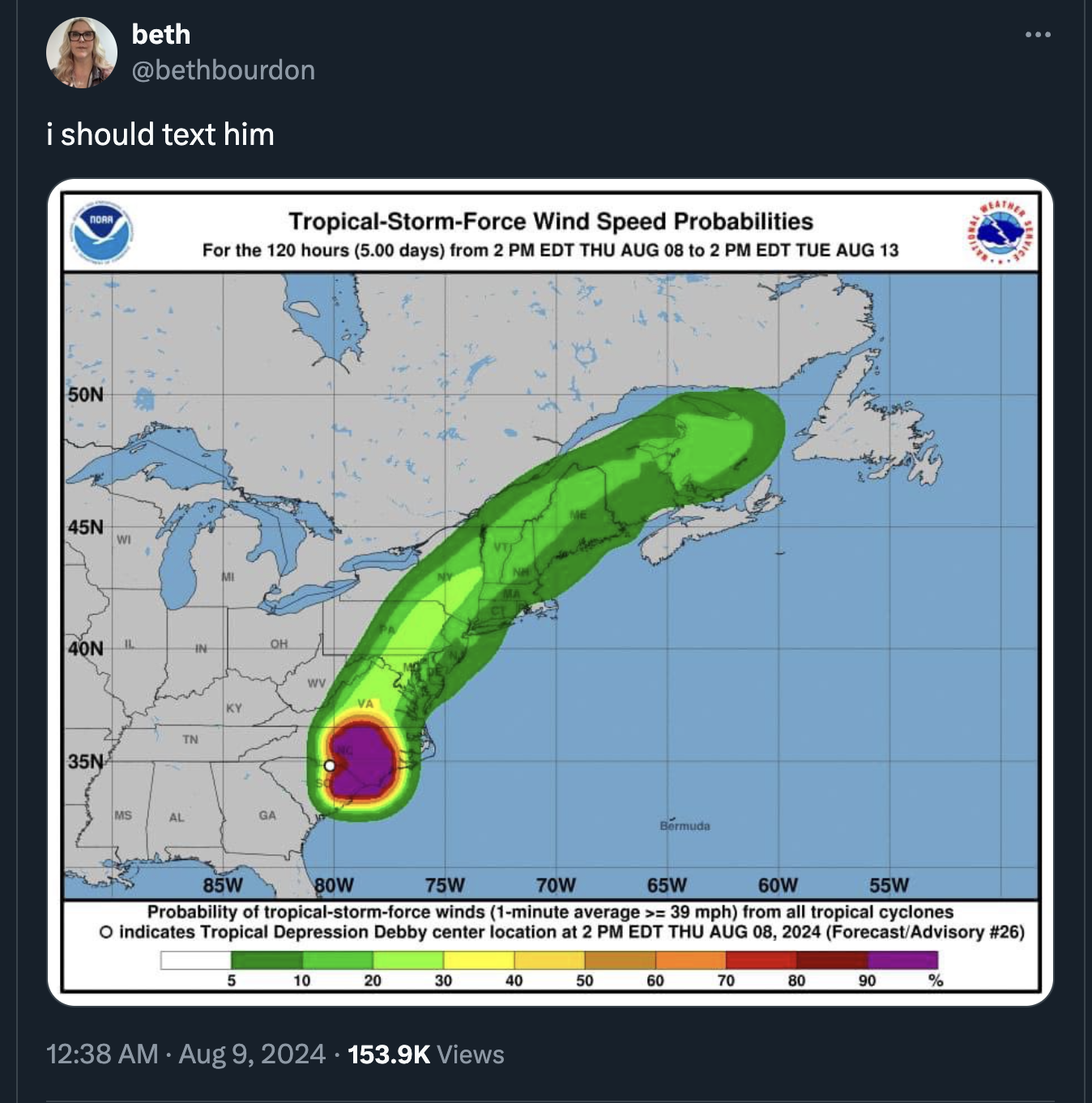 screenshot - beth i should text him 50N 45N 40N 35N TropicalStormForce Wind Speed Probabilities For the 120 hours 5.00 days from 2 Pm Edt Thu Aug 08 to 2 Pm Edt Tue Aug 13 85W Ga Bow 75W 70W 65W 60W 55W Probability of tropicalstormforce winds 1minute aver